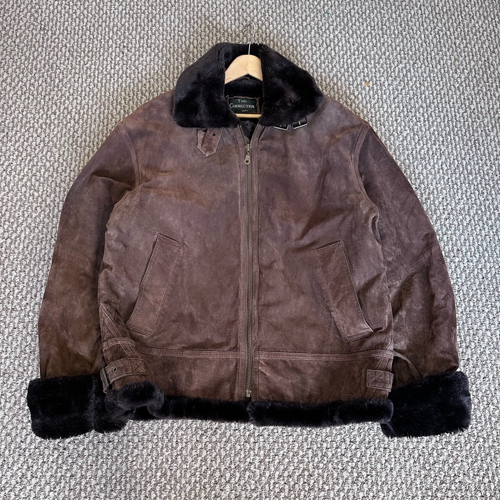 Vintage Brown Leather Flight Jacket Faux Fur Lined Men’s L B-2 Bomber Jacket